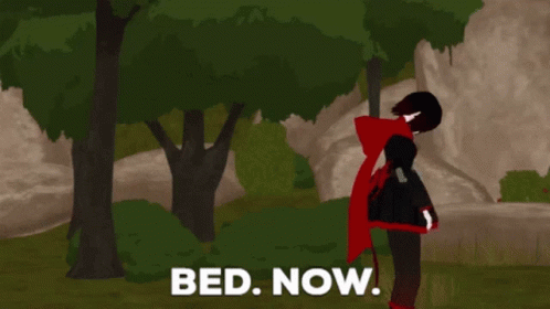 A Cartoon Character Says Bed Now While Standing In The Woods GIF