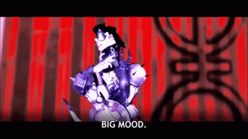 Cartoon Saying Big Mood In Front Of Red Curtain GIF