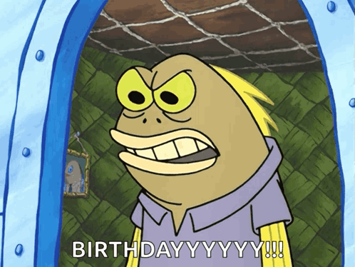 A Cartoon Character Says " Birthday Yyy !!! " In A Blue Doorway GIF