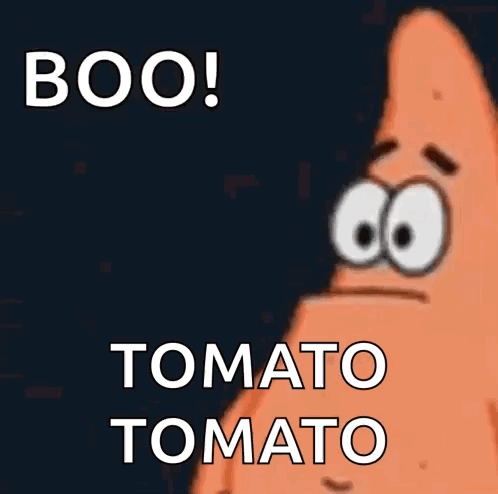 A Cartoon Character Says Boo Tomato Tomato With A Black Background GIF