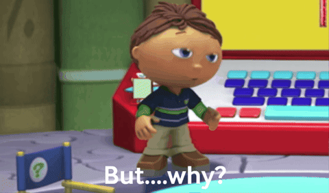 A Cartoon Character Says But Why In Front Of A Computer Keyboard GIF
