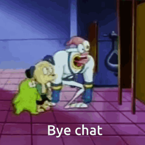A Cartoon Character Says Bye Chat In Front Of A Toilet GIF