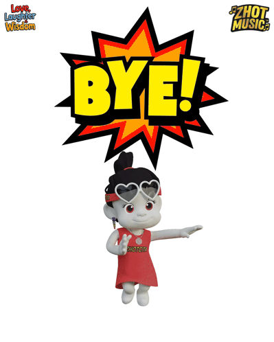 a cartoon character says bye in a speech bubble