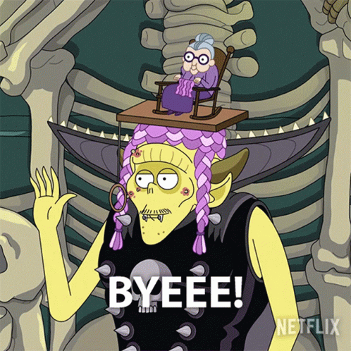 Cartoon Character Saying Bye In Front Of Old Lady GIF
