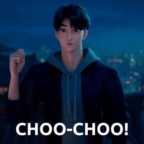 A Cartoon Character Says Choo-Choo In A Dark Blue Background GIF