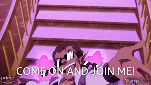A Cartoon Character Says " Come On And Join Me " In Front Of Some Stairs GIF