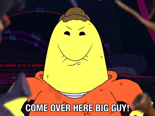 A Cartoon Character Says Come Over Here Big Guy In A Dark Room GIF