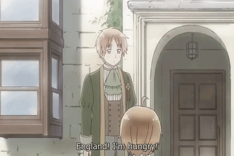 A Cartoon Character Says England I 'M Hungry In Front Of A Door GIF