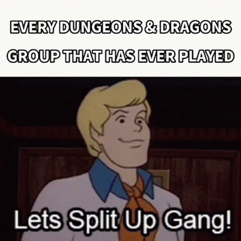 a cartoon character says every dungeons & dragons group that has ever played lets split up gang