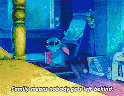 A Cartoon Character Says Family Means Nobody Gets Left Behind In A Bedroom GIF