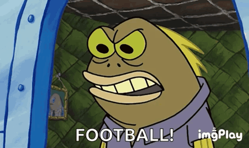 A Cartoon Character Says " Football " In Front Of A Door GIF