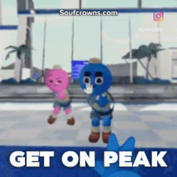 A Cartoon Character Says " Get On Peak " In A Video Game GIF