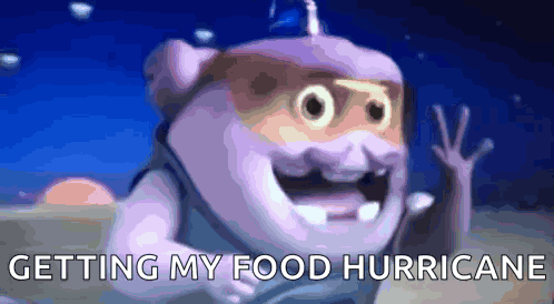 a cartoon character says " getting my food hurricane " in front of a blue background