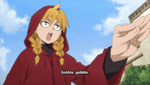 a cartoon character says gobble gobble in a red jacket