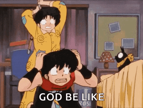 A Cartoon Character Says God Be Like In Front Of A Cat GIF