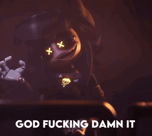 a cartoon character says god fucking damn it in a dark room