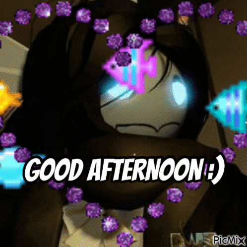 A Cartoon Character Says Good Afternoon With Purple Flowers Surrounding It GIF