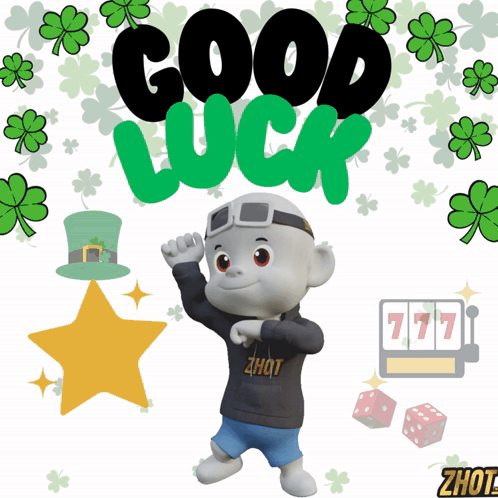 A Cartoon Character Says Good Luck With Shamrocks In The Background GIF