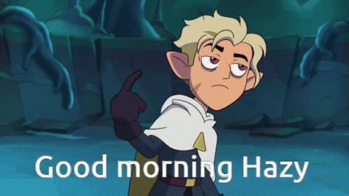 A Cartoon Character Says " Good Morning Hazy " In Front Of A Statue GIF