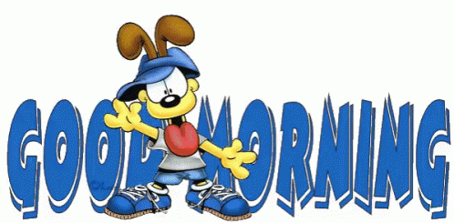 A Cartoon Character Says Good Morning With A Tongue Sticking Out GIF