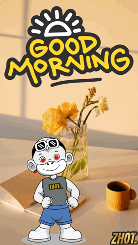 A Cartoon Character Says Good Morning With A Vase Of Flowers GIF