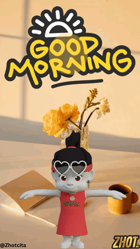 Cartoon Character Saying Good Morning With Flowers GIF