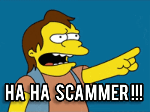 A Cartoon Character Says " Ha Ha Scammer " While Pointing His Finger GIF