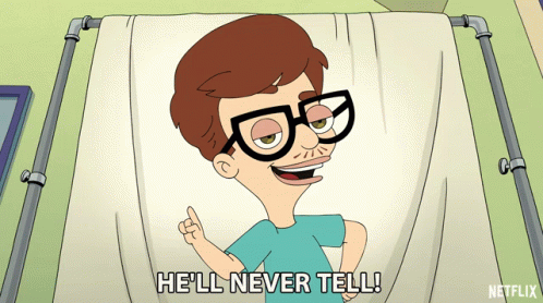 A Cartoon Character Says He 'Ll Never Tell While Laying In A Hospital Bed GIF