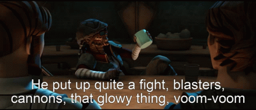 A Cartoon Character Says He Put Up Quite A Fight Blasters Cannons That Glowy Thing GIF