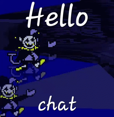 A Cartoon Character Says Hello Chat In White Letters GIF