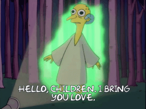 A Cartoon Character Says Hello Children I Bring You Love In A Forest GIF