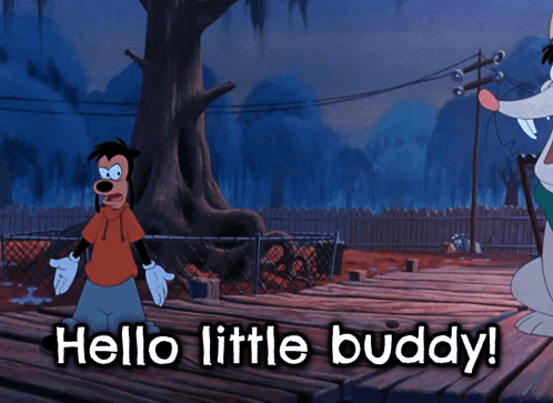 A Cartoon Character Says Hello Little Buddy While Standing On A Dock GIF