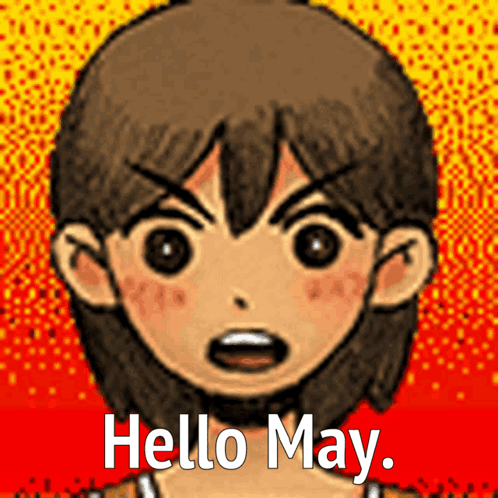 A Cartoon Character Says Hello May In White Letters On A Red Background GIF
