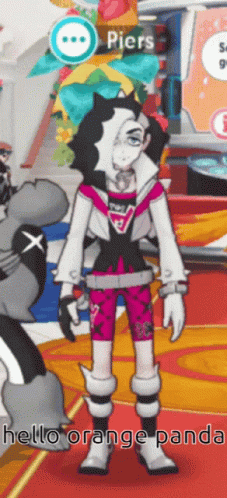 A Cartoon Character Says Hello Orange Panda In Front Of A Sign That Says Piers GIF