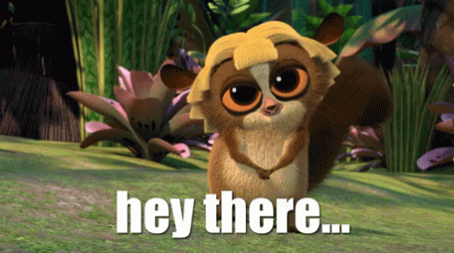 A Cartoon Character Says Hey There In Front Of A Lush Green Forest GIF