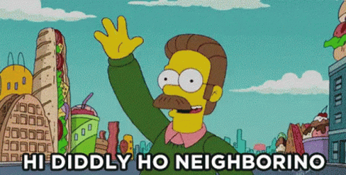 A Cartoon Character Says Hi Diddly Ho Neighborino While Waving GIF