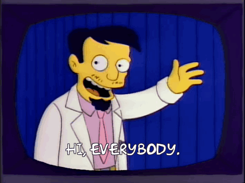 A Cartoon Character Says Hi Everybody On A Blue Background GIF