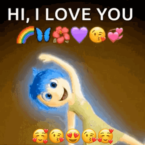 a cartoon character says hi i love you with emojis