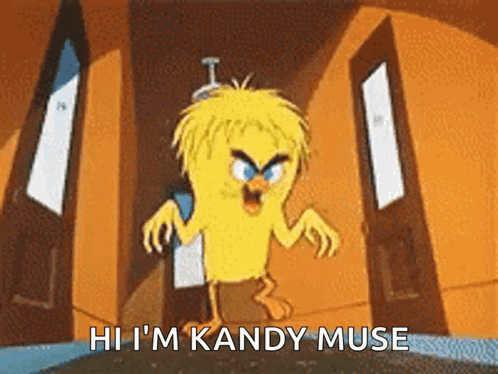 A Cartoon Character Says Hi I 'M Kandy Muse In Front Of A Door GIF