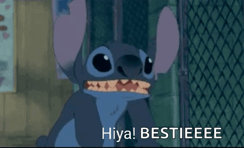 A Cartoon Character Says Hiya Bestieeee In Front Of A Chain Link Fence . GIF