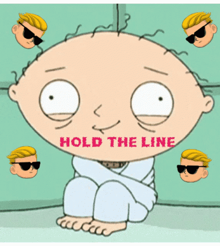 a cartoon character says hold the line in red