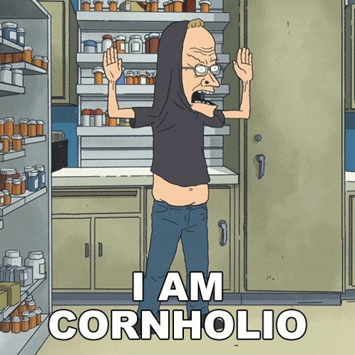 A Cartoon Character Says I Am Cornholio In Front Of A Pharmacy GIF