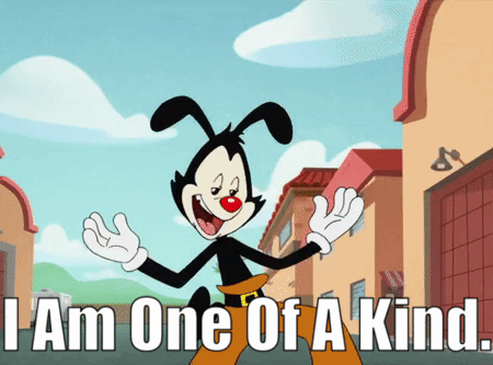 A Cartoon Character Says " I Am One Of A Kind " In Front Of A Building GIF
