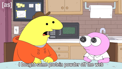 A Cartoon Character Says " I Bought Some Protein Powder Off The Web " In Front Of A Microwave GIF