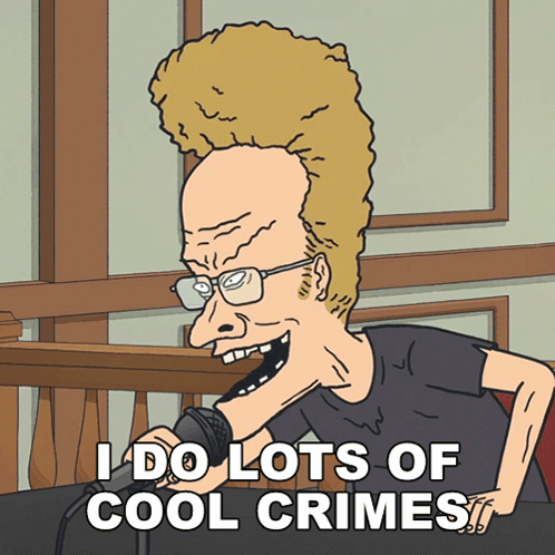 A Cartoon Character Says " I Do Lots Of Cool Crimes " While Holding A Microphone GIF