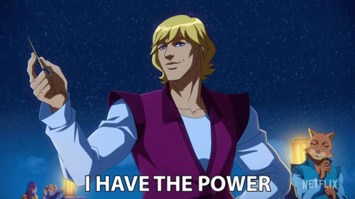 A Cartoon Character Says " I Have The Power " In Front Of A Cat GIF