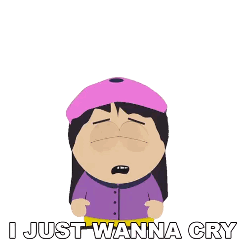 a cartoon character says i just wanna cry while wearing a pink hat
