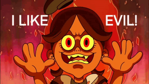 A Cartoon Character Says I Like Evil With A Fire Background GIF
