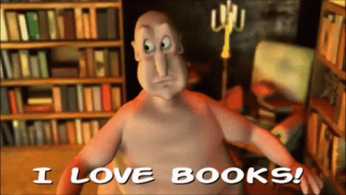 A Cartoon Character Says " I Love Books " In Front Of A Bookshelf GIF