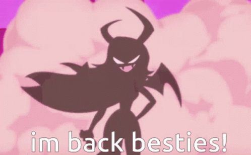 a cartoon character says i 'm back besties in a pink background